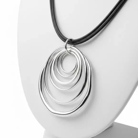 Anne Klein Silver Tone Double Oval Pendant Necklace Snake Chain Adjustable NWT - Picture 2 of 3